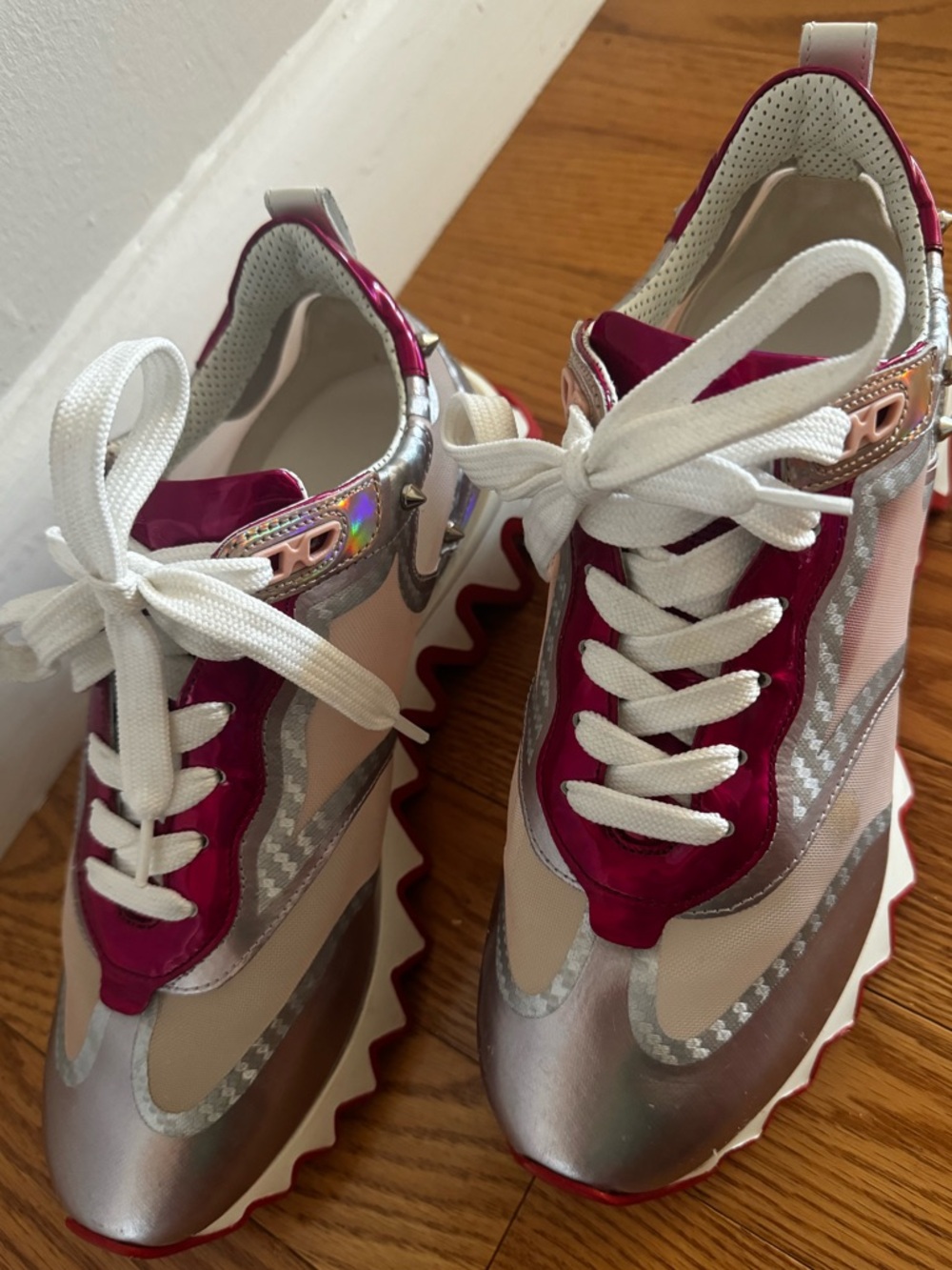 Christian Louboutin Metallic Silver & Fuchsia Women’s Sneakers